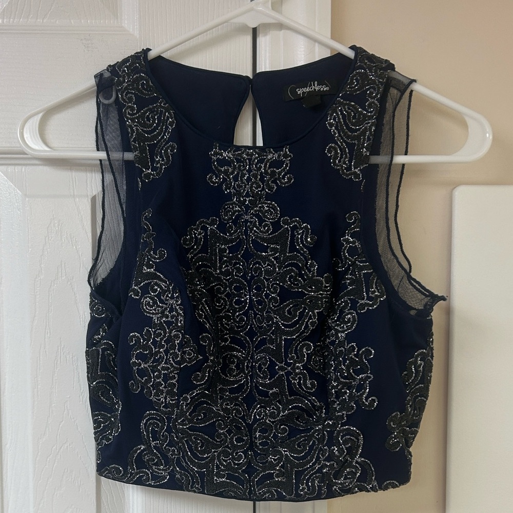 Speechless Navy Blue Sequined Lace Overlay Formal Crop Top